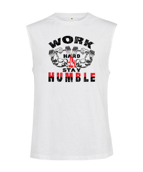 Tisho - Gym Work Hard - Vücut Geliştirme Beyaz Kesik Kol Unisex Tişört