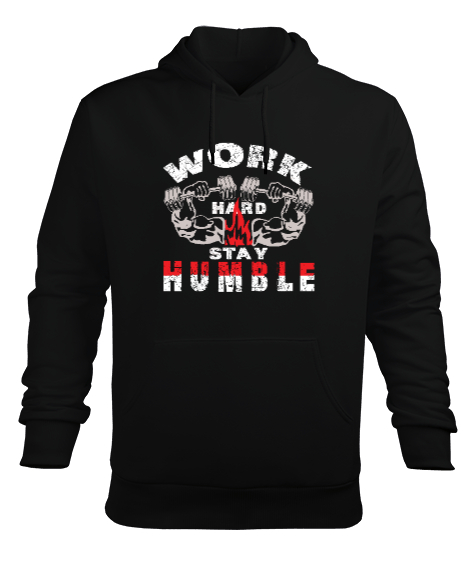 Tisho - Gym Work Hard - Vücut Geliştirme Siyah Erkek Kapüşonlu Hoodie Sweatshirt