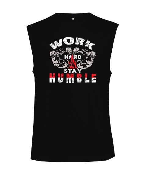 Tisho - Gym Work Hard - Vücut Geliştirme Siyah Kesik Kol Unisex Tişört