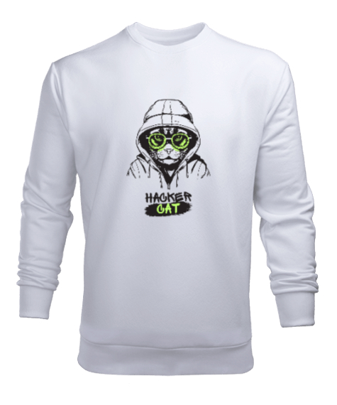 Tisho - hacker cat yazılı Beyaz Erkek Sweatshirt