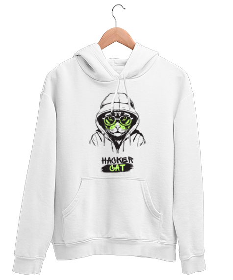 Tisho - Hacker CatKedi Beyaz Unisex Kapşonlu Sweatshirt