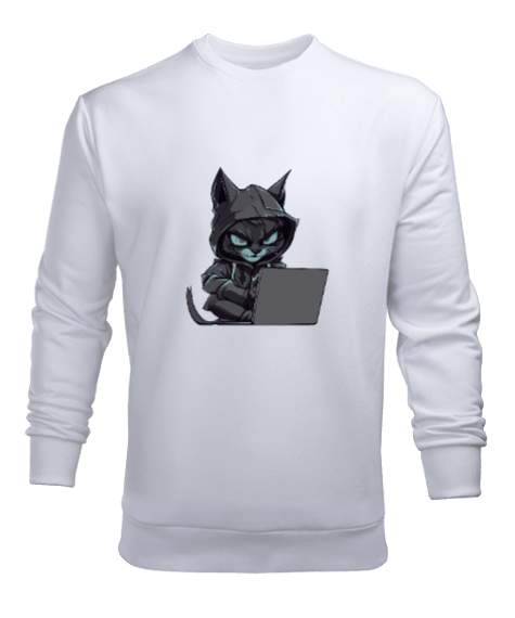 Tisho - Hacker Kedi Beyaz Erkek Sweatshirt