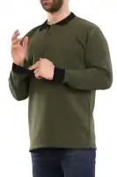 Haki Yeşil Çift Renkli Kışlık Polo Yaka Sweatshirt Siyah Yakalı Haki Yeşil