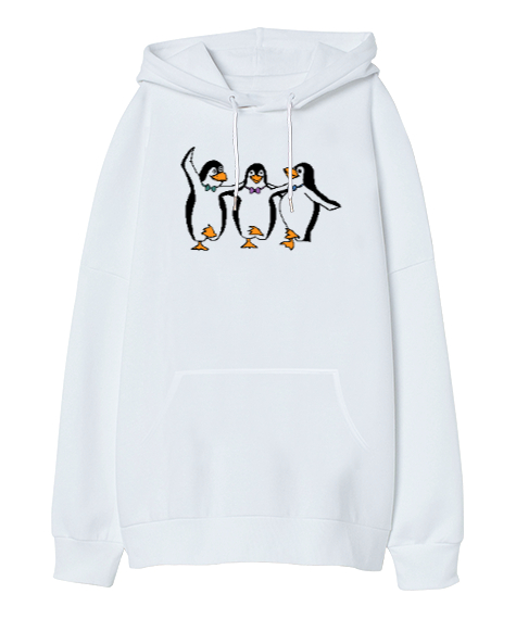 Tisho - Halay ve Penguenler Beyaz Oversize Unisex Kapüşonlu Sweatshirt