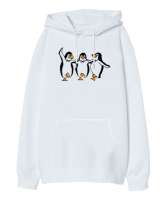 Halay ve Penguenler Beyaz Oversize Unisex Kapüşonlu Sweatshirt - Tisho