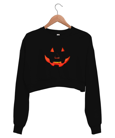 Tisho - Halloween - Bal Kabağı Siyah Kadın Crop Sweatshirt