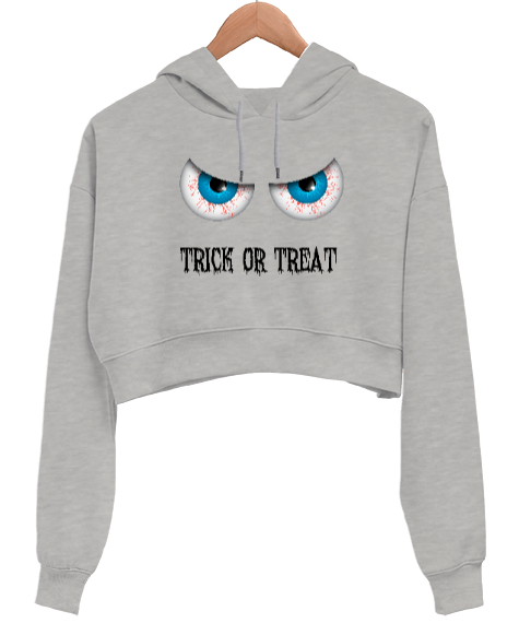 Tisho - Halloween Eye - Şeker mi Şaka mı? Gri Kadın Crop Hoodie Kapüşonlu Sweatshirt