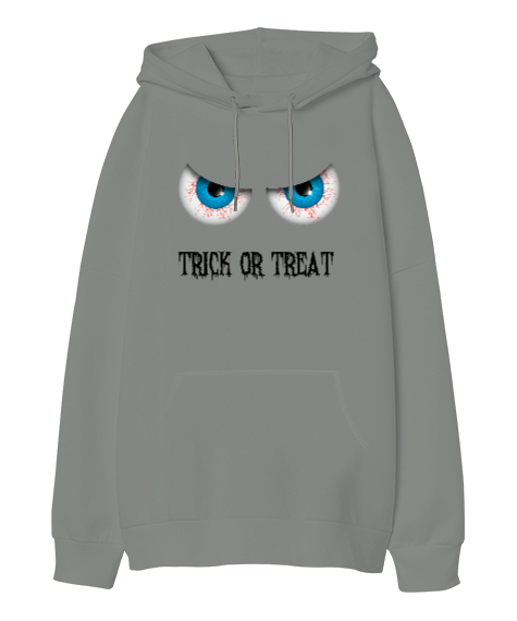 Tisho - Halloween Eye - Şeker mi Şaka mı? Gri Oversize Unisex Kapüşonlu Sweatshirt