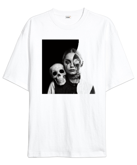 Tisho - Halloween - Kafatası ve Kız - Skull And Girl Beyaz Oversize Unisex Tişört