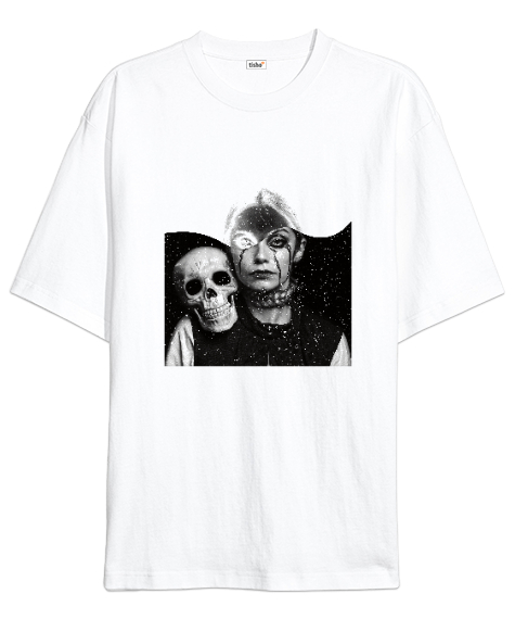 Tisho - Halloween - Kafatası ve Kız - Skull And Girl Beyaz Oversize Unisex Tişört