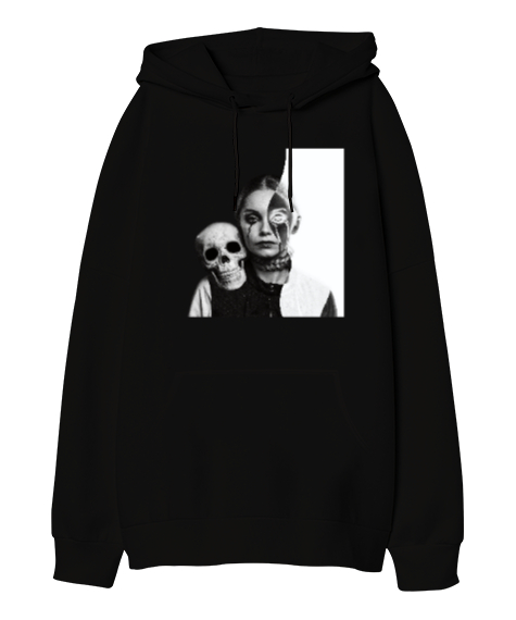 Tisho - Halloween - Kafatası ve Kız - Skull And Girl Siyah Oversize Unisex Kapüşonlu Sweatshirt