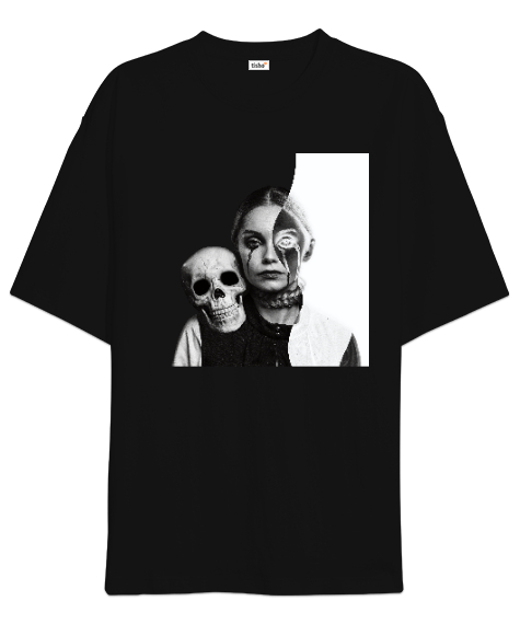 Tisho - Halloween - Kafatası ve Kız - Skull And Girl Siyah Oversize Unisex Tişört