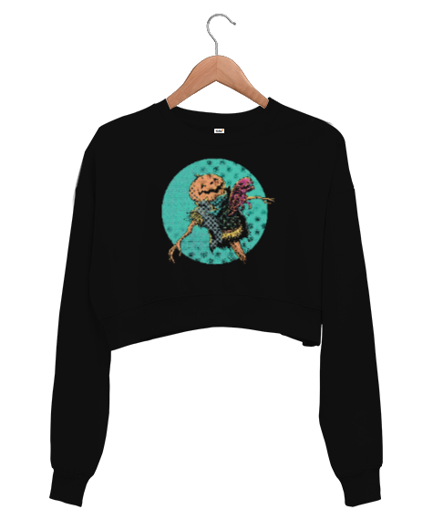 Tisho - Hallowen Alien - Korkuluk Siyah Kadın Crop Sweatshirt