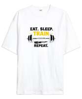 Halter Gym Fitness Rutin - Eat Sleep Train Repeat Beyaz Oversize Unisex Tişört - Tisho