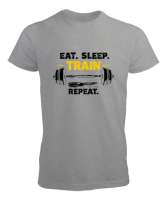 Halter Gym Fitness Rutin - Eat Sleep Train Repeat Gri Erkek Tişört - Tisho