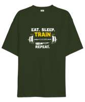 Halter Gym Fitness Rutin - Eat Sleep Train Repeat Haki Yeşili Oversize Unisex Tişört - Tisho