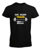 Halter Gym Fitness Rutin - Eat Sleep Train Repeat Siyah Erkek Tişört - Tisho