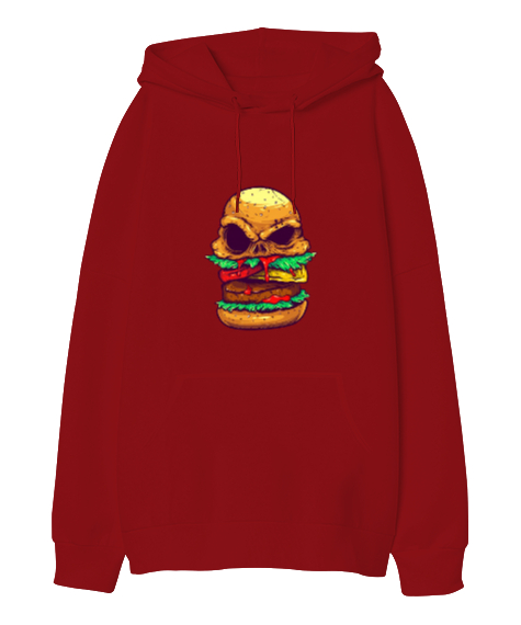 Tisho - Hamburger Baskılı Kırmızı Oversize Unisex Kapüşonlu Sweatshirt