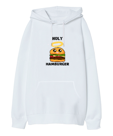 Tisho - Hamburger Beyaz Oversize Unisex Kapüşonlu Sweatshirt