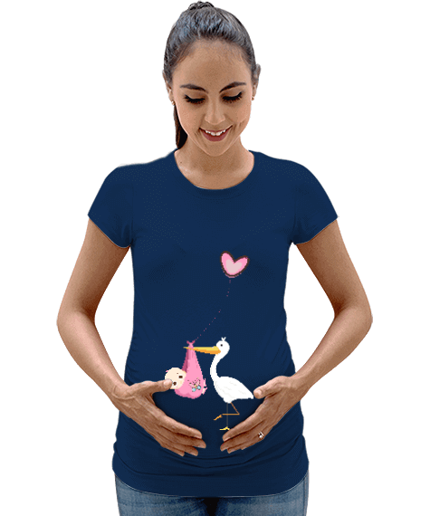 Tisho - hamile, leylek, pembe, kalp Kadın Hamile Tişört