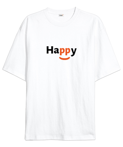Tisho - Happy baskılı Beyaz Oversize Unisex Tişört