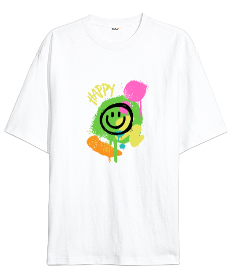 Tisho - Happy Beyaz Oversize Unisex Tişört