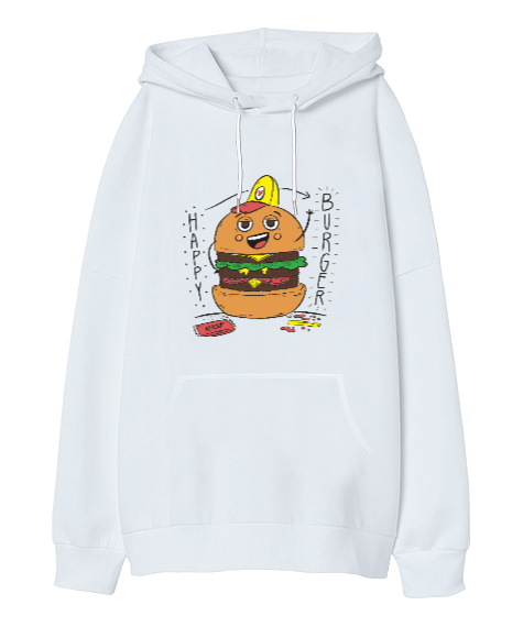 Tisho - happy burger writen hoodie Oversize Unisex Kapüşonlu Sweatshirt