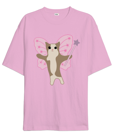 Tisho - Happy happy cat kedi peri Pembe Oversize Unisex Tişört