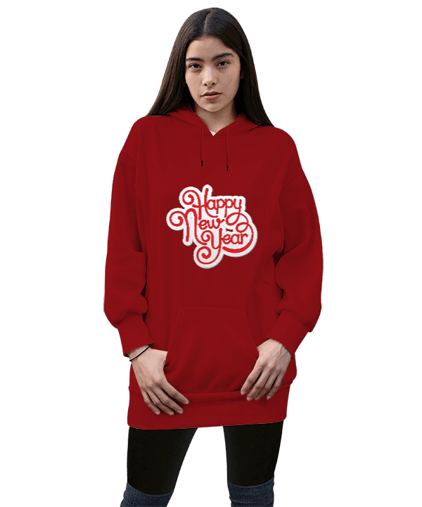 Tisho - happy new year Kadın Uzun Hoodie Kapüşonlu Sweatshirt