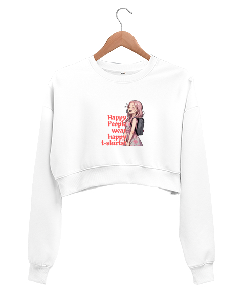 Tisho - Happy people Beyaz Kadın Crop Sweatshirt