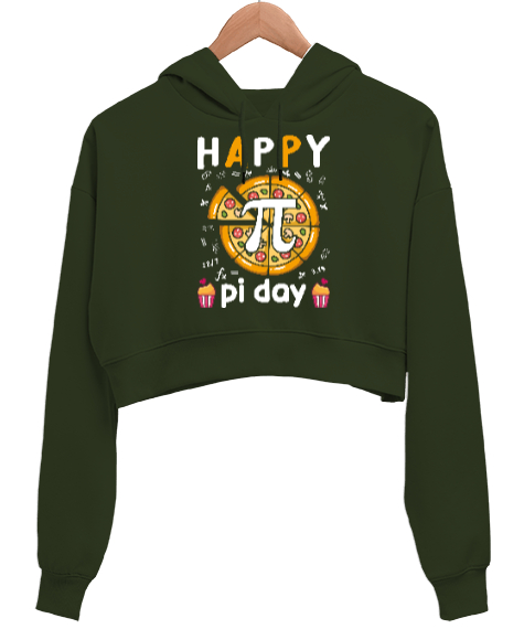 Tisho - Happy Pi Day Pizza Haki Yeşili Kadın Crop Hoodie Kapüşonlu Sweatshirt