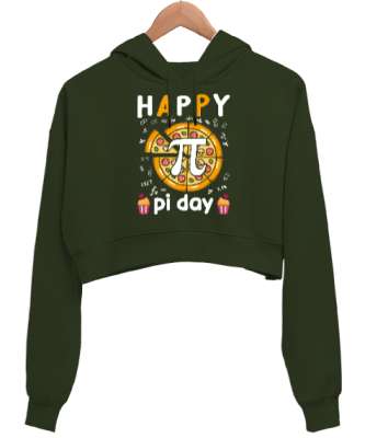 Happy Pi Day Pizza Haki Yeşili Kadın Crop Hoodie Kapüşonlu Sweatshirt - Tisho