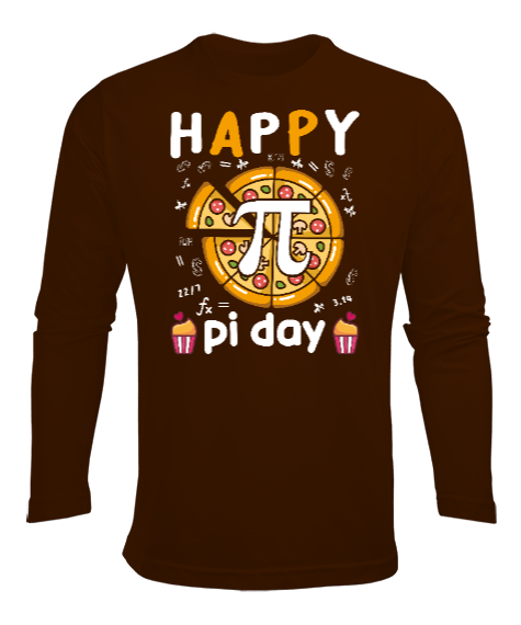 Tisho - Happy Pi Day Pizza Kahverengi Erkek Uzun Kol Yazlık Tişört