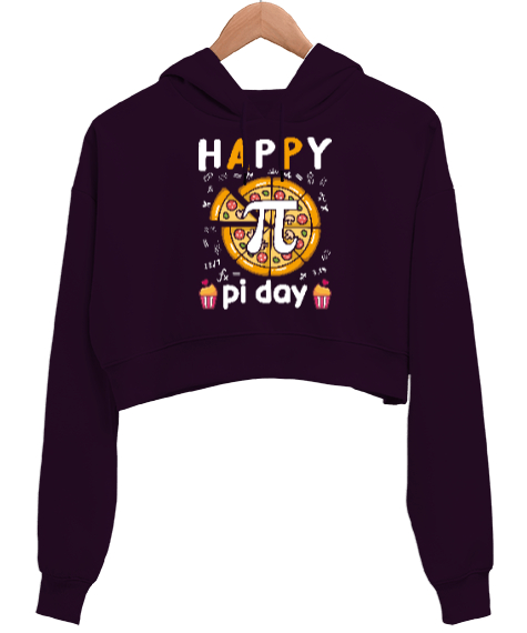 Tisho - Happy Pi Day Pizza Koyu Mor Kadın Crop Hoodie Kapüşonlu Sweatshirt