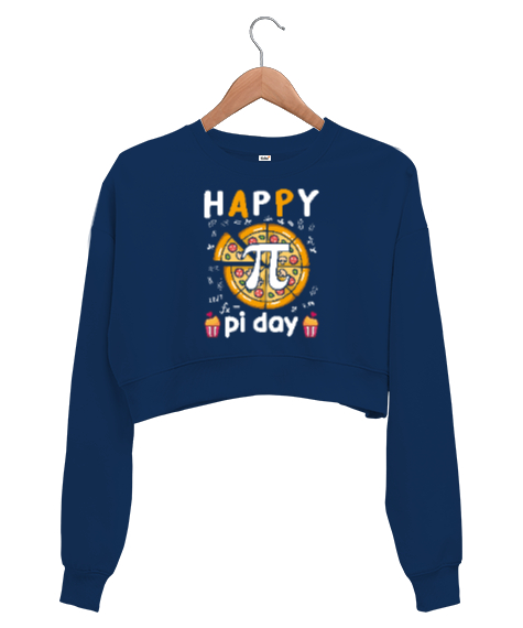 Tisho - Happy Pi Day Pizza Lacivert Kadın Crop Sweatshirt