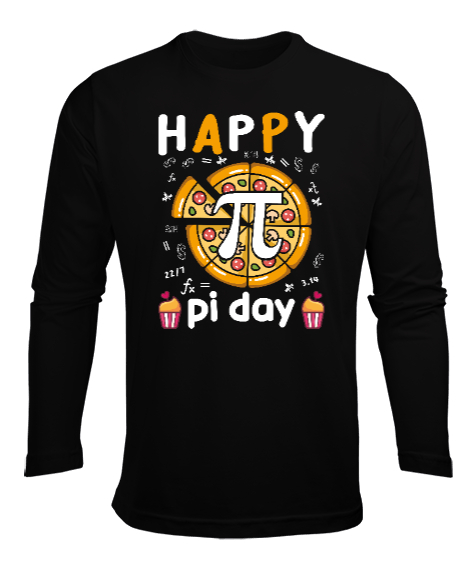 Tisho - Happy Pi Day Pizza Siyah Erkek Uzun Kol Yazlık Tişört