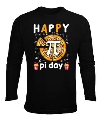 Happy Pi Day Pizza Siyah Erkek Uzun Kol Yazlık Tişört - Tisho
