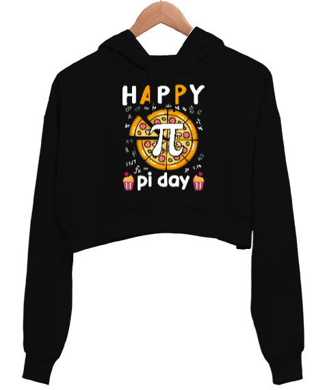 Tisho - Happy Pi Day Pizza Siyah Kadın Crop Hoodie Kapüşonlu Sweatshirt