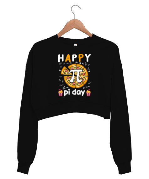 Tisho - Happy Pi Day Pizza Siyah Kadın Crop Sweatshirt