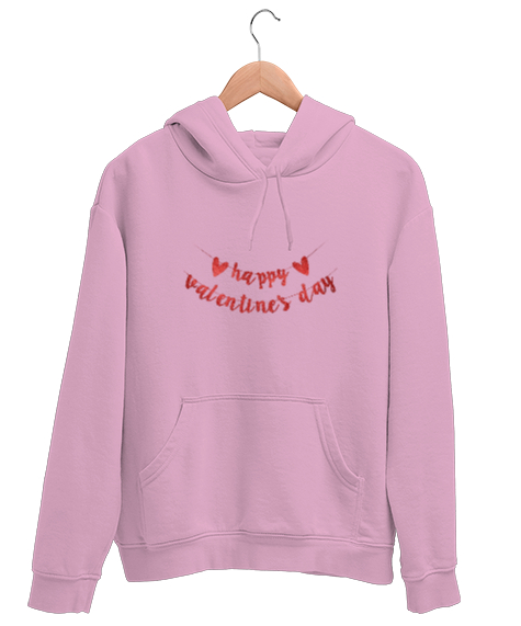 Tisho - Happy Valentines Day Yazılı Baskılı Pembe Unisex Kapşonlu Sweatshirt
