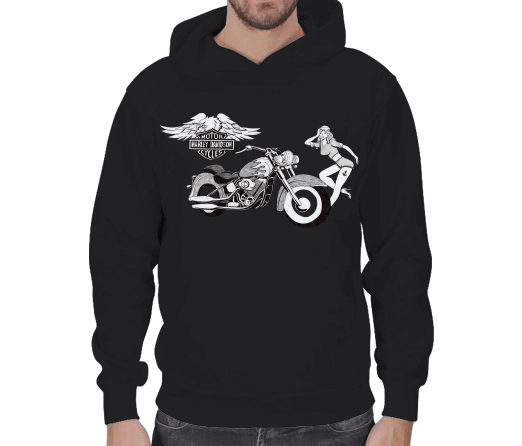 Tisho - Harley Davidson Kara Kalem Çizim Kışlık Sweatshirt Erkek Kapşonlu