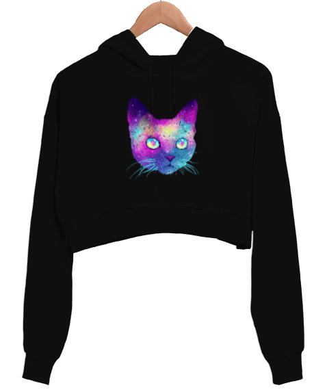 Tisho - Havalı Kedi Kadın Crop Hoodie Kapüşonlu Sweatshirt