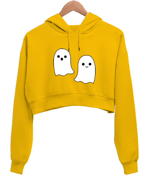 Tisho - hayalet baskılı sarı crop Kadın Crop Hoodie Kapüşonlu Sweatshirt