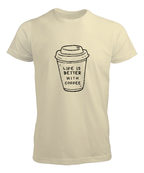 Tisho - Hayat Kahve ile Daha Güzel Kahve Sevenler Özel Tasarım Krem Erkek Tişört