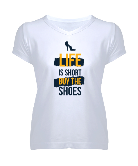 Tisho - Hayat Kısa Ayakkabı Al Beyaz Kadın V Yaka Tişört