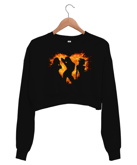 Tisho - Heart And Dance - Kalp ve Dans Siyah Kadın Crop Sweatshirt