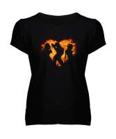 Heart And Dance - Kalp ve Dans Siyah Kadın V Yaka Tişört - Tisho