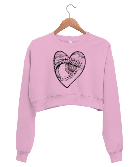 Tisho - Heart And Eye - Kalp ve Göz Pembe Kadın Crop Sweatshirt
