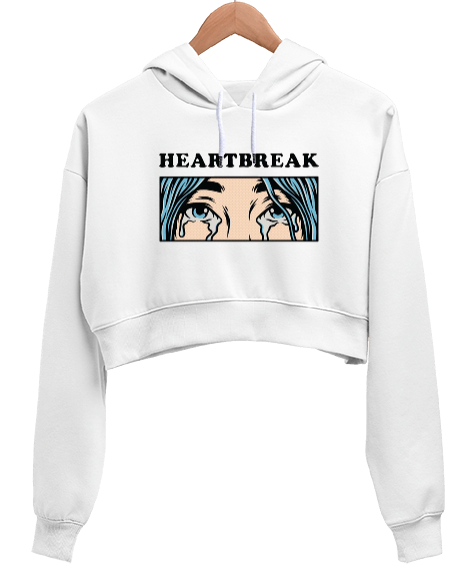Tisho - Heart Break Tasarım Baskılı Beyaz Kadın Crop Hoodie Kapüşonlu Sweatshirt