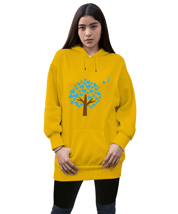 Tisho - Hearts On The Tree Kadın Uzun Hoodie Kapüşonlu Sweatshirt